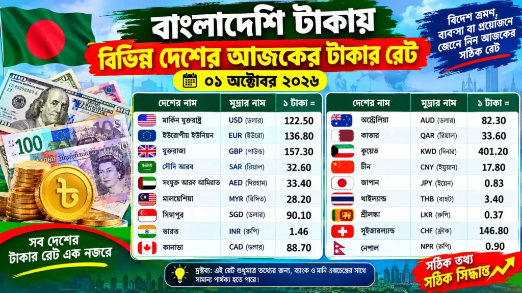 বাংলাদেশি টাকায় বিভিন্ন দেশের আজকের টাকার রেট ০১ অক্টোবর ২০২৬